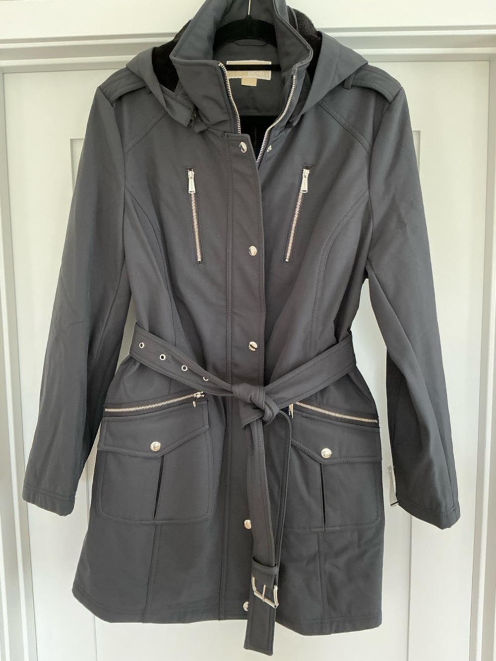 NWT Michael Michael Kors Women's Hooded Belted Trench Coat - Gray
